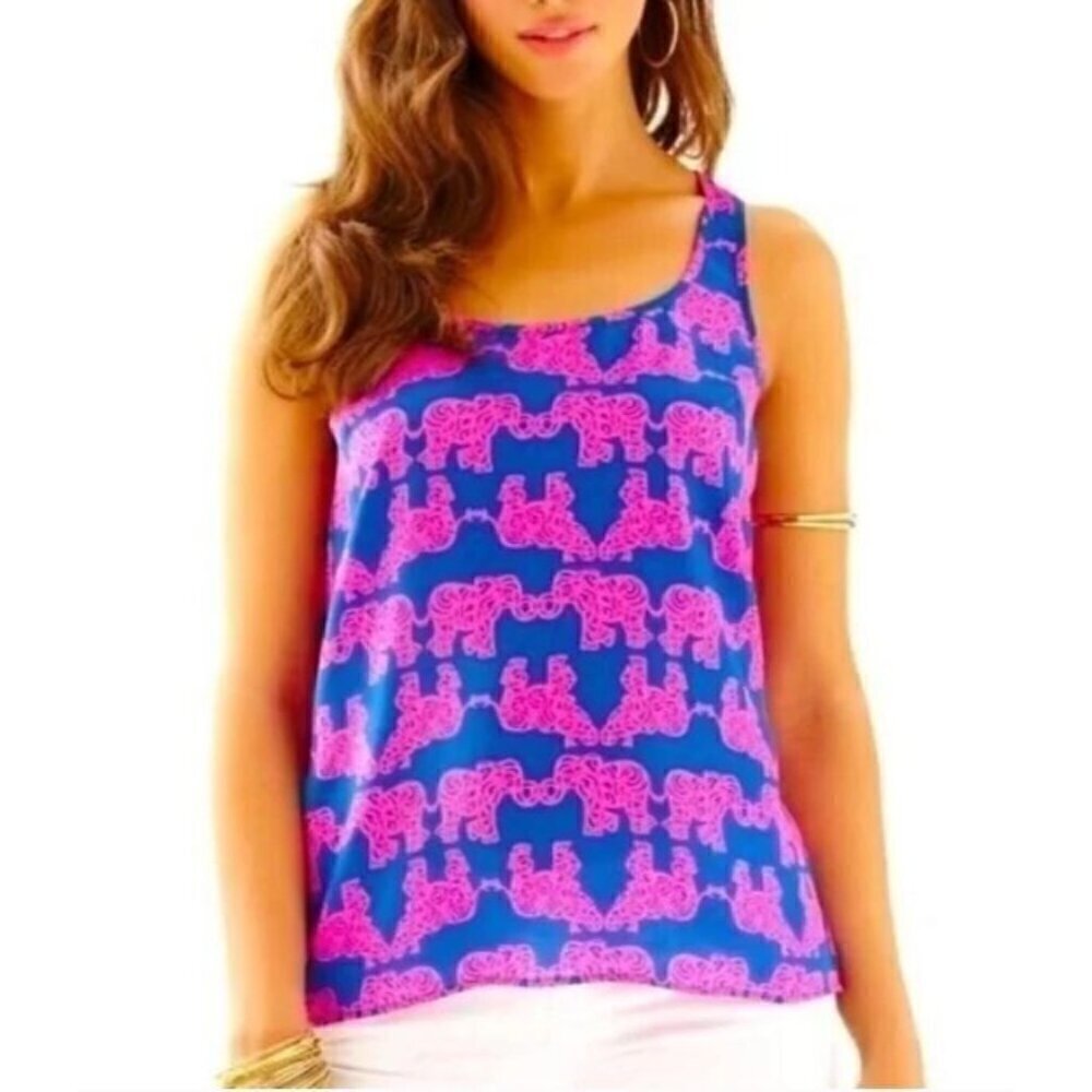Lilly Pulitzer Top Womens XS Blue Pink Silk Elephant Print Tank Back Zipper Boho